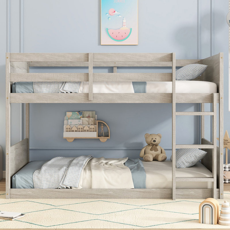 Kids Twin Over Twin Floor Bunk Bed With Headboard And Footboard, White