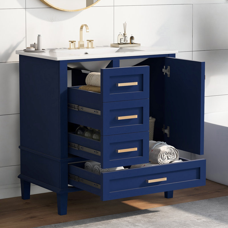 Nayelli Solid Pine Frame Bathroom Vanity with Ceramic Sink, Bathroom Storage Cabinet with 1 Silent Close Door and 3 Drawers