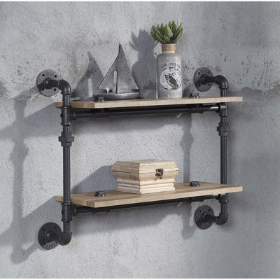 Wall Mounted 2 Tier Shelf In Oak, Metal Frame, Water Pipe Style, 9"w Shelf, 12" For Stylish Storage Display Oak And Sandy Black Color, Look, Gap Office Home Decor