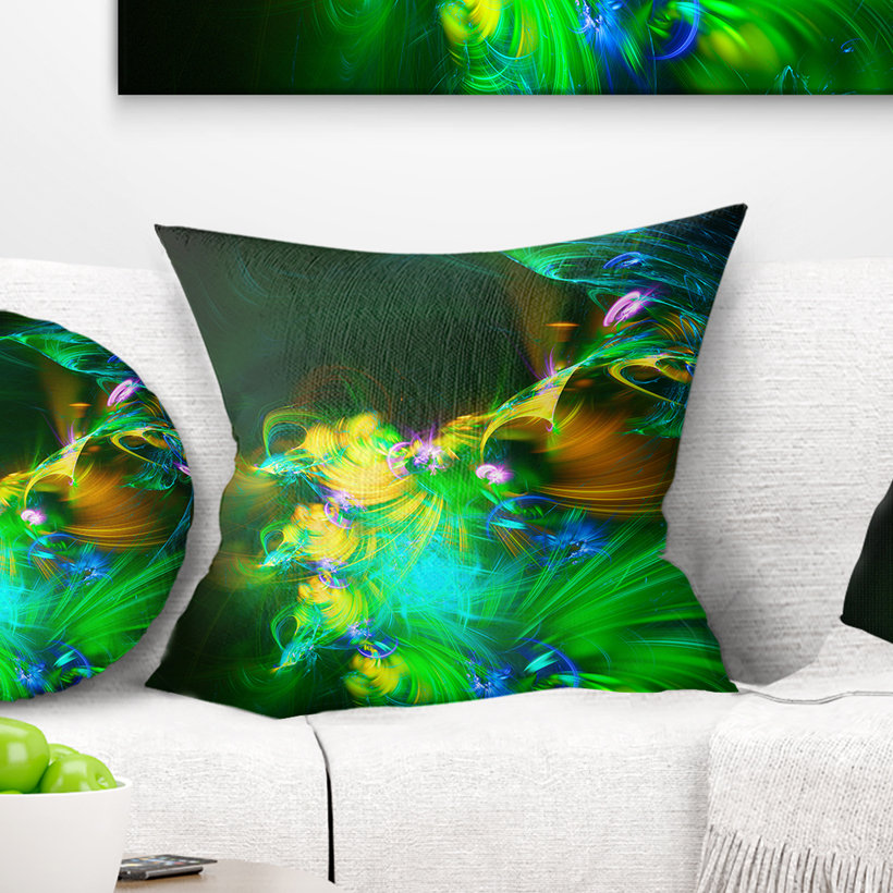 Bright Green Fractal Flower in Dark - Floral Printed Pillow Design Art 