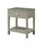 Table de chevet taupe avec verre trempé. Largeur de 23 po, plateau de table, pieds en bois franc. Tiroir intérieur: l 19 po x P 12,75 po H 3,5 po. 13 po d'espace entre le tiroir et la tablette. Plancher de 4 po. Plateau de table en verre de 1 po de largeur