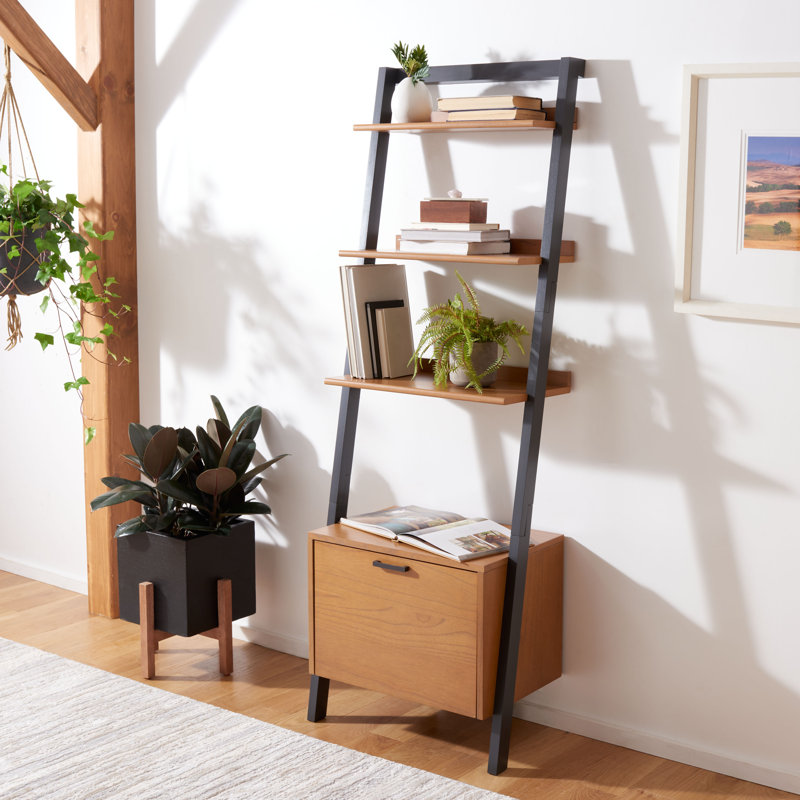 Bibliothèque échelle en bois massif Dametrice, H 72 po x l 25 po x P 15,4 po, Naturel / gris anthracite