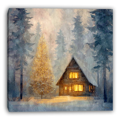 «Forest Chalet Golden Tree Winter Glow», art mural sur toile tendue