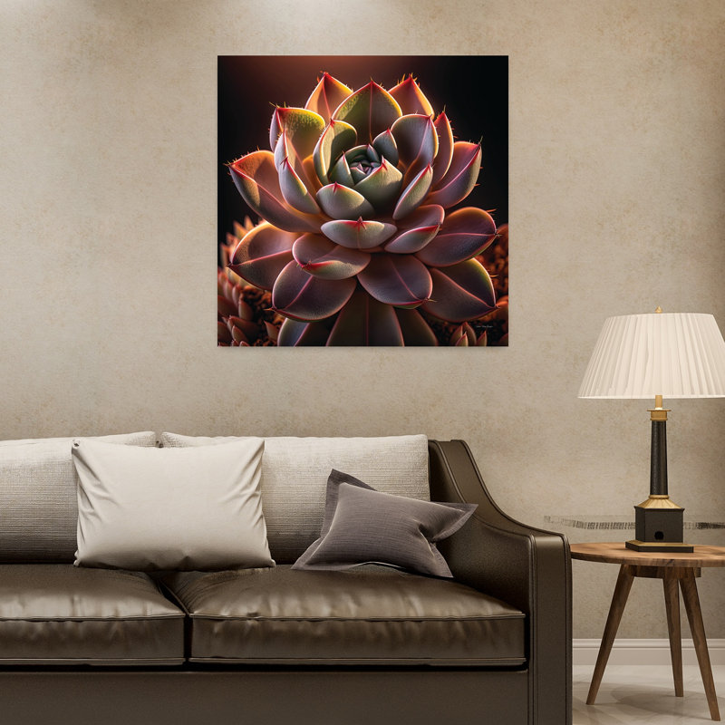 «Succulent Sunset I», art contemporain abstrait avec cactus, H 32 po x l 32 po