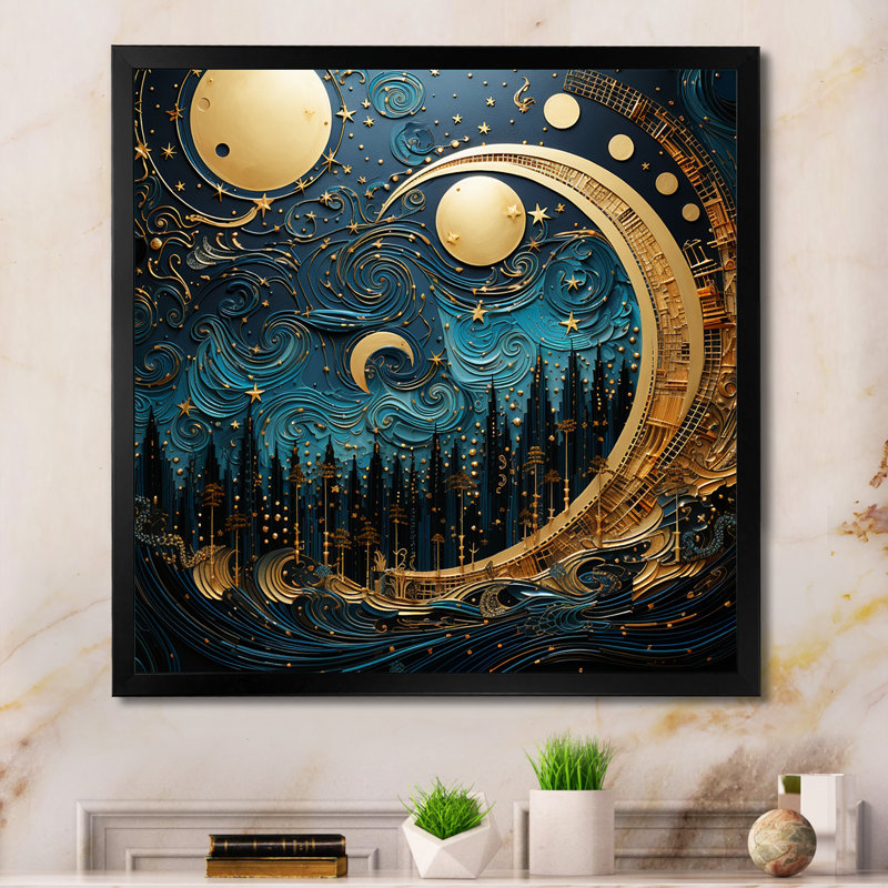 «Moon Moon and Gold Cerulean Cycle Dreams I», reproduction sur toile, Cadre simple noir, H 30 po x l 30 po x P 1 po