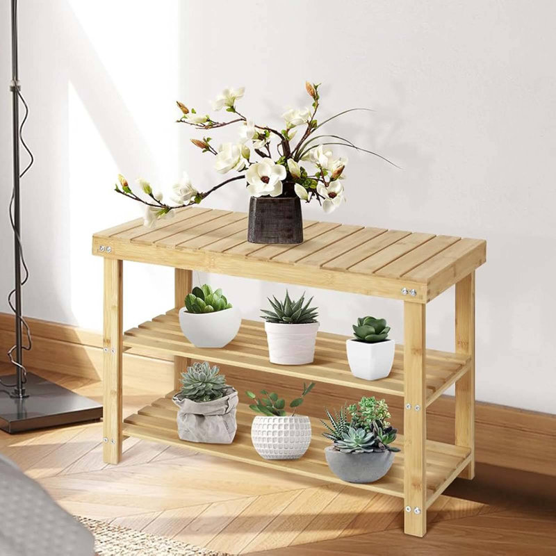 6 Pair Shoe Storage Bench, 3-Tier Shoes Rack, Light Natural Bamboo