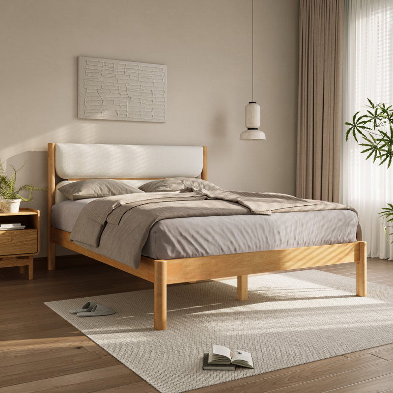 Upholstered Panels with Natural Rubber Wood Frame Platform Bed, Queen
