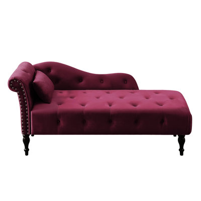 60.6" Velvet Chaise Lounge In Burgundy With Buttons, Nailhead Trim, Solid Wood Legs And A Relaxed - Style Pillow Elegant