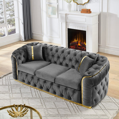 90.6 Inches Velvet Button Tufted Sofa Couch With 2 Pillows, 3 Seater Luxury Chesterfield Sofa Set With Gold Stainless Steel Accents For Living Room, 280G Italian Velvet