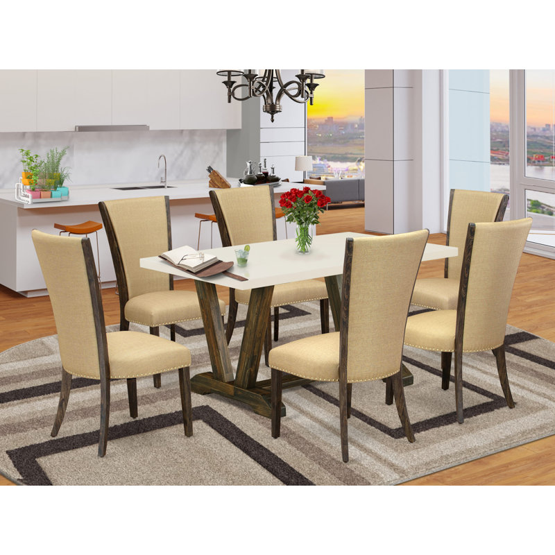 7-Pc Set Consists of a Linen White Dining Table and 6 Brown Linen Fabric Dining Chairs - Distressed Jacobean Finish, 7