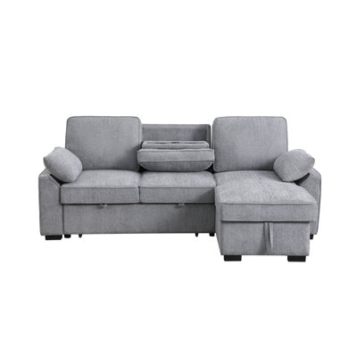 Marcello 91"W Light Gray Chenille Fabric Reversible Sleeper Sectional With Storage Chaise