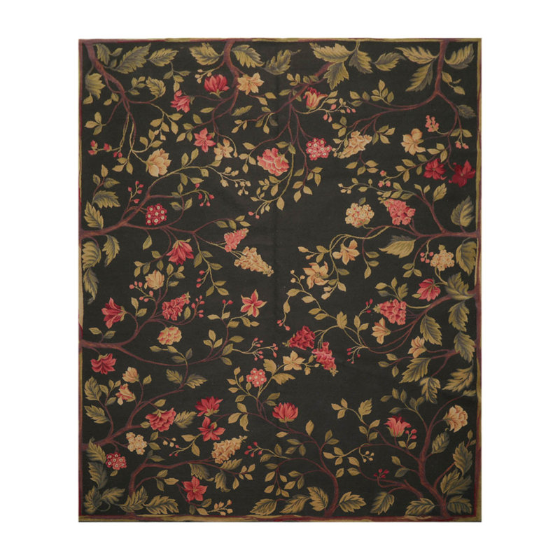 Tapis floral noir / rouge en laine noué à la main 8 pi 3 po x 9 pi 11 po Floral