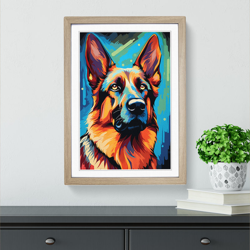 German Shepherd Pop No.3 - Framed Print, 64cm H x 46cm W x 2cm D, Oak