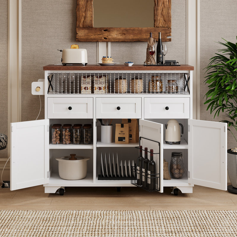 46.5'' Farmhouse Kitchen Island With Drape Of Beads, Power Outlet, Rolling Kitchen Cart On Wheels With Drop Leaf, 3 Doors , 3 Drawers And Internal Iron Shelf, For Kitchen, Dining Room, Black