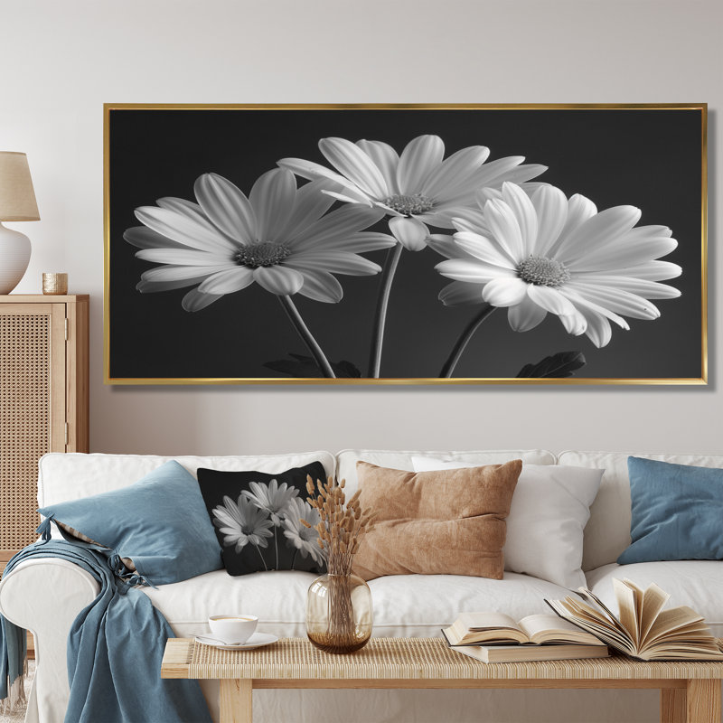 Monochrôme noir et blanc, bonheur, photo IV - marguerites, art mural, Cadre flottant doré, H 28 po x l 60 po