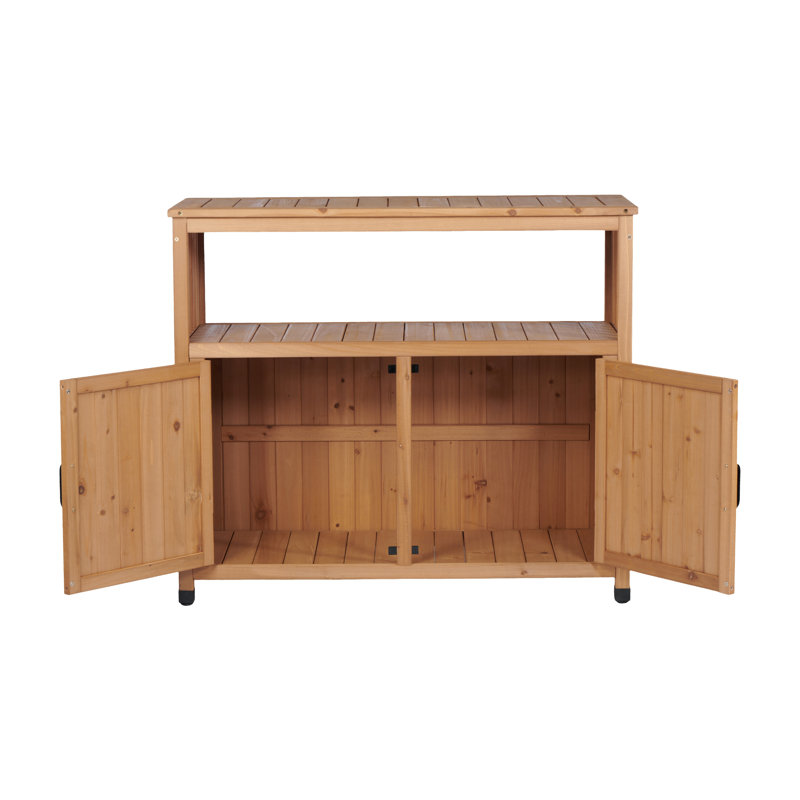 Solid Wood Patio Storage Cabinet, Outdoor Console Table With Slatted Design, Multi-Purpose Deck Box For Tools, Weather Resistant Garden Furniture