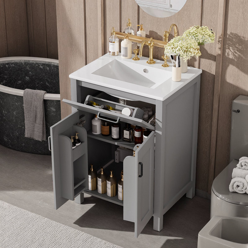 Meuble-lavabo gris 24 po avec lavabo en céramique, portes à fermeture en douceur et rangement compact, Gris / Noir