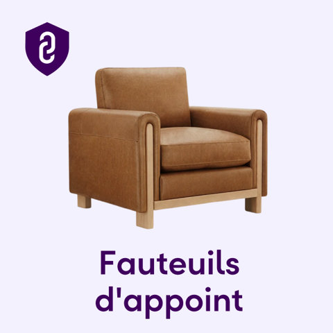 Fauteuil d'appoint en cuir brun avec structure en bois clair sur fond pâle avec texte Fauteuils d'appoint.