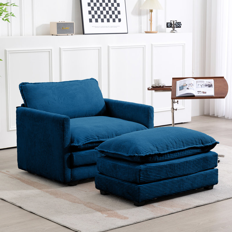 Fauteuil en velours côtelé avec repose-pieds Redenius, Velours côtelé bleu marine