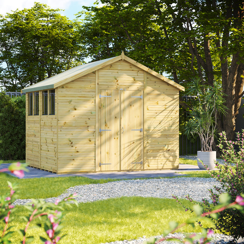 Powersheds 8 x 10ft Premium Pressure Treated Timber Apex Garden Shed, Double Doors