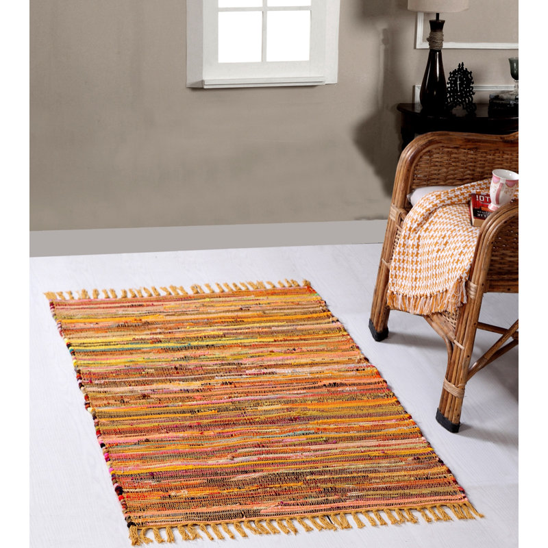 Marone Striped Cotton Hand Woven Area Rug, Rectangle 90 x 150cm