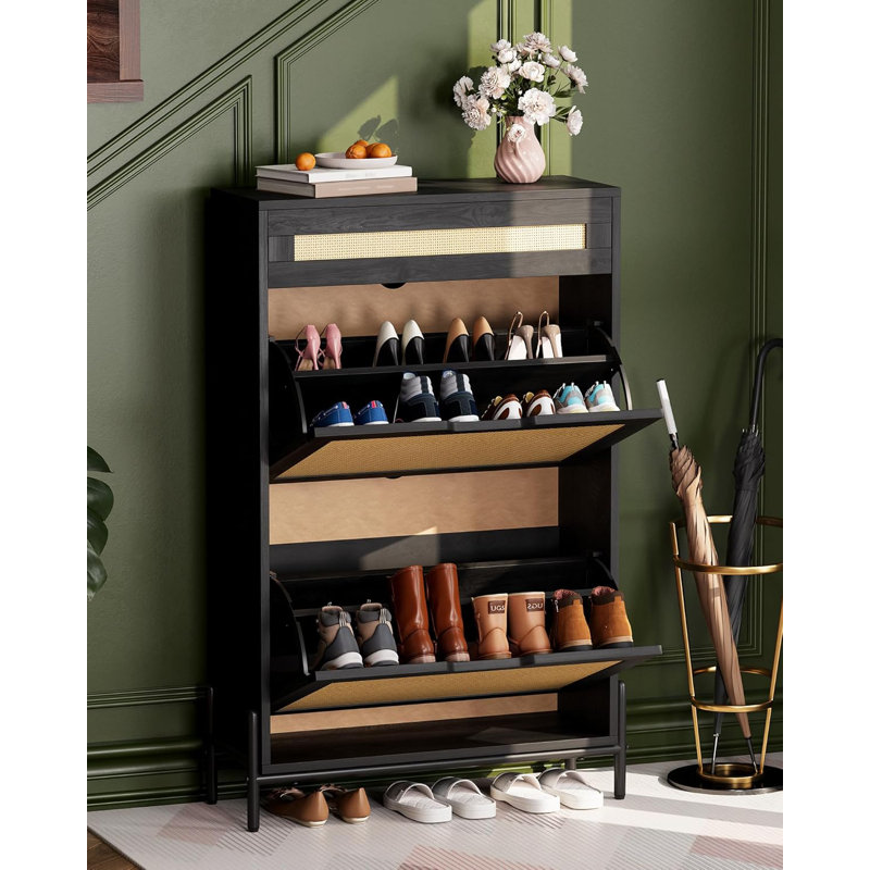 Rattan Shoe Cabinet, Hidden 2 Flip Doors Shoe Storage, Narrow Entryway Shoe Organizer with Adjustable Shelves, Slim Freestanding Shoe Cabinet for Hallway, Entrance, Living Room Space
