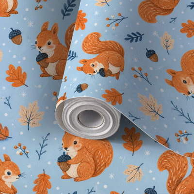 Family Renter Friendly Peel and Stick Wallpaper Roll Cute Squirrel Acorns Autumn Leaves Blue, Residue Free Removable Self Adhesive Wall Covering for Living Room Bedroom Kitchen Accent Wall