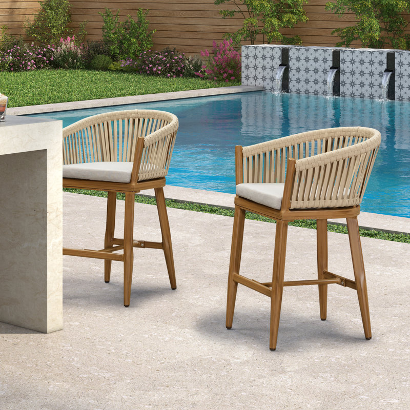 Bayou Breeze Counter Bar Stools Chair Set Of 2, Modern Aluminum Wicker Bar Chair Indoor And Outdoor, Teak