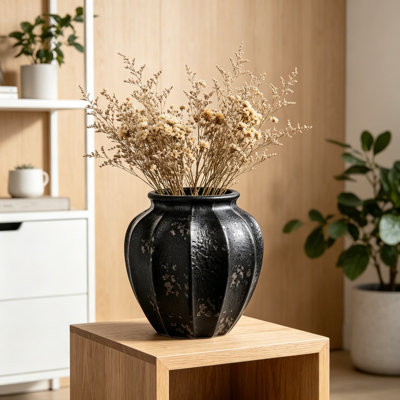 Large Handcrafted Ceramic Vase, 9 Inch Modern Industrial Flower Vase With Distressed Iron Black Finish, Weighted Base For Stability, Sculptural Centerpiece For Living Room And Dining Table Decor