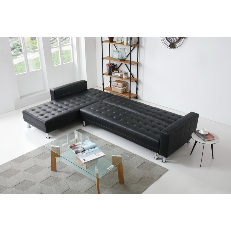 Laux Faux Leather L-Shaped Sectional Reversible, Black Faux Leather