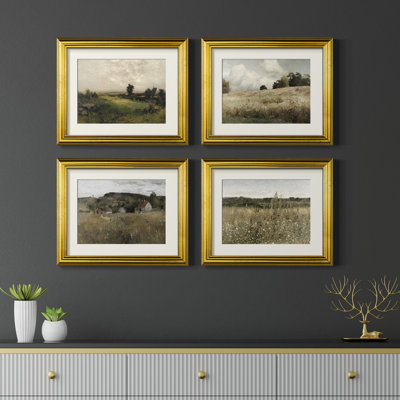 Paysage vintage LXXI - Encadré sous verre, ensemble de 4, grand tableau pour salon