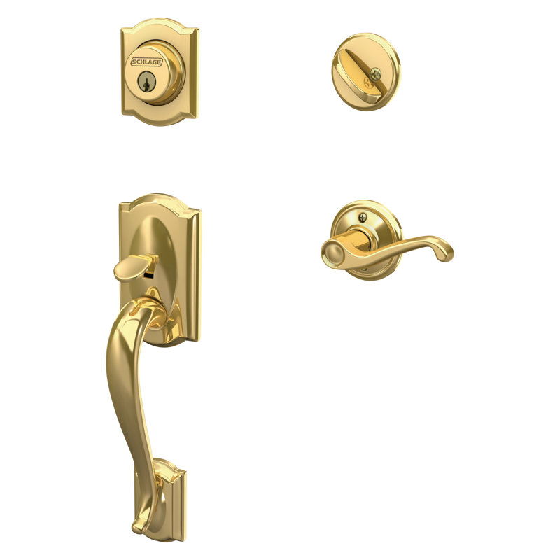 Camelot Handleset with Deadbolt and Flair Door Lever and Rosette, Bright Brass, Left Hand