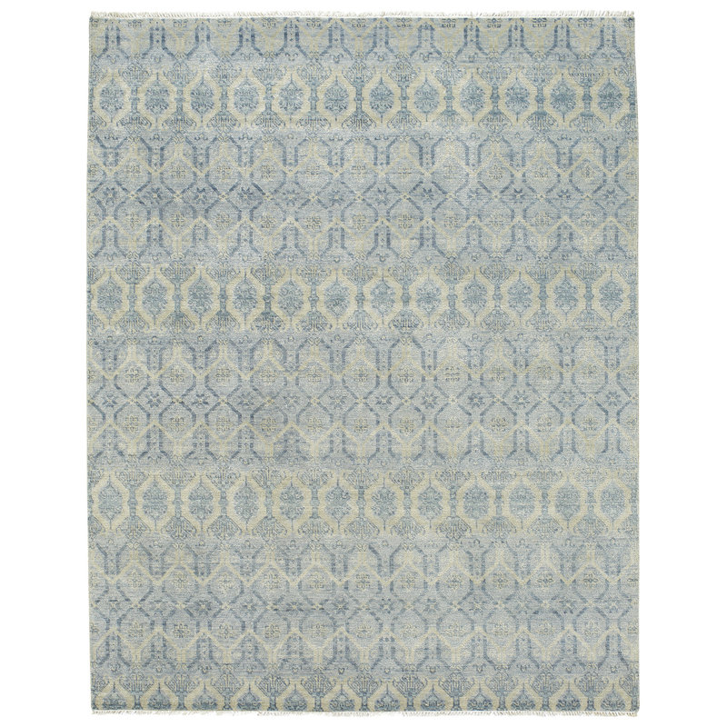 Burmesse Hand Knotted Wool Azure/Beige Area Rug, Rectangle 5'6" x 8'6"