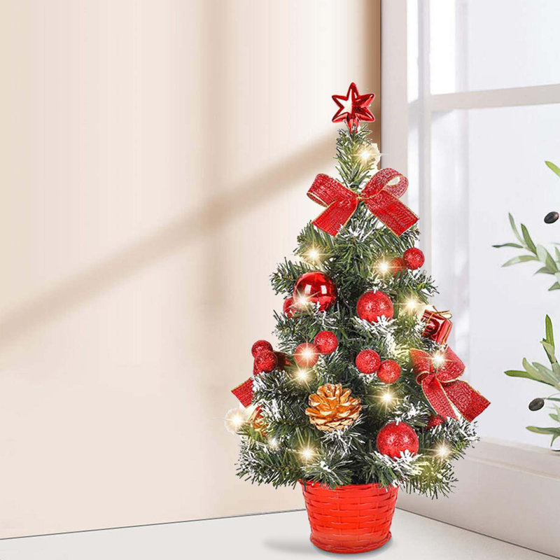 Mini arbre de Noël 17,7 pouces de haute qualité avec 15 lumières DEL et boîte, rouge, Rouge