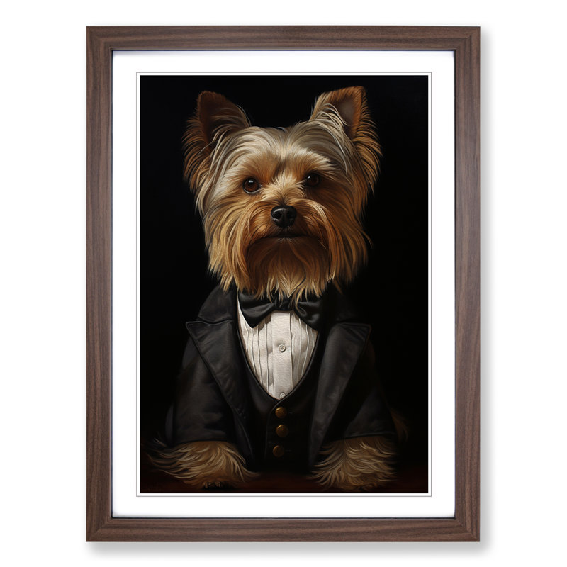 XYZ-FRM-V1223-1721 Yorkshire Terrier In A Suit Painting No.3 - Single Picture Frame Print on Wood, Walnut