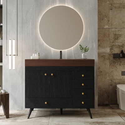 36" Freestanding Bathroom Vanity with Faux Marble Top, Ceramic Sink, 5 Drawers & Stainless Steel Legs