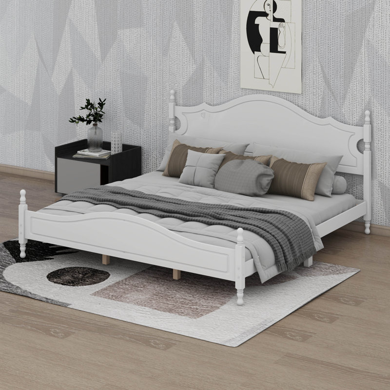Cadre de lit plateforme en bois massif de style rétro, White