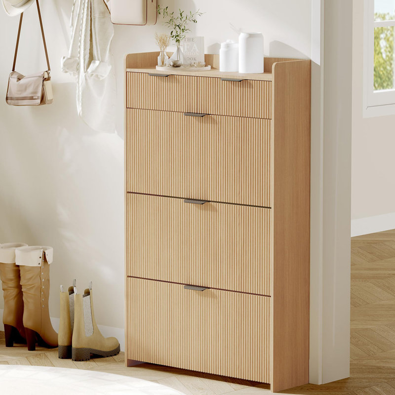 Modern Fluted Shoe Cabinet With 3 Flip Drawers, Slim Shoe Storage Organizer With 2 Drawers, Natural Wood