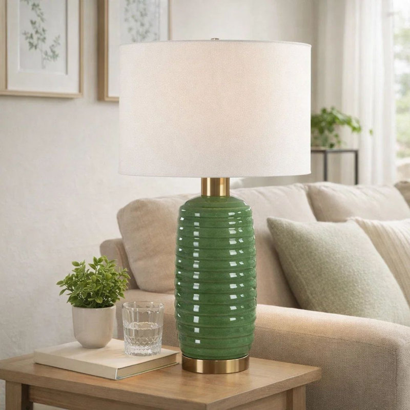 Lampe de table, abat-jour en lin blanc cassé, céramique nervurée vert olive de 27 pouces