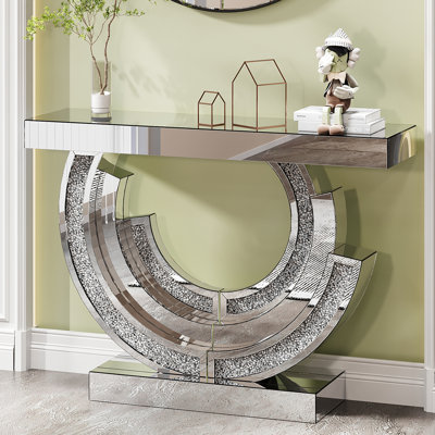 Table de couloir 3c en forme de diamant concassé pour le salon, design argenté moderne, miroirs polis à la main, table de conception à base en spirale, hôtel artisanal et miroirs avec un angle oblique parfait,