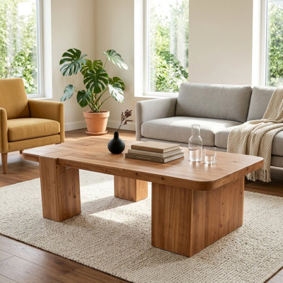 FFZ 47.24" Rustic Solid Wood Coffee Table with Natural Grain and Thick Block Legs