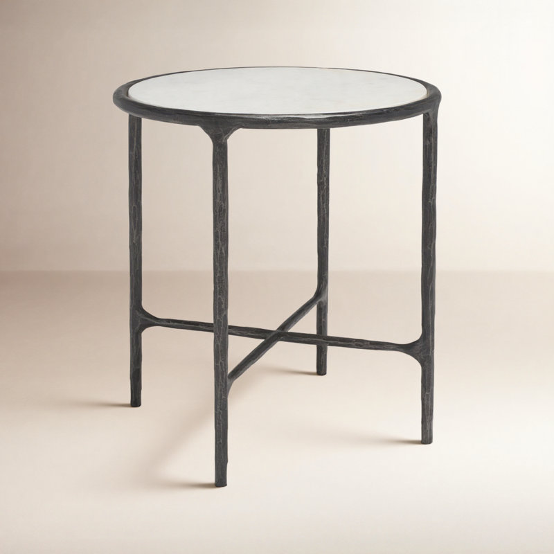 Table de bout en fer Evelynn H 20 po x l 18 po, Marbre blanc, Noir, noir, noir, noir