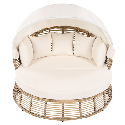 55.5'' Wide Wicker Patio Daybed With Retractable Canopy, Round Poolside Sofa Sunbed With Removable Cushions