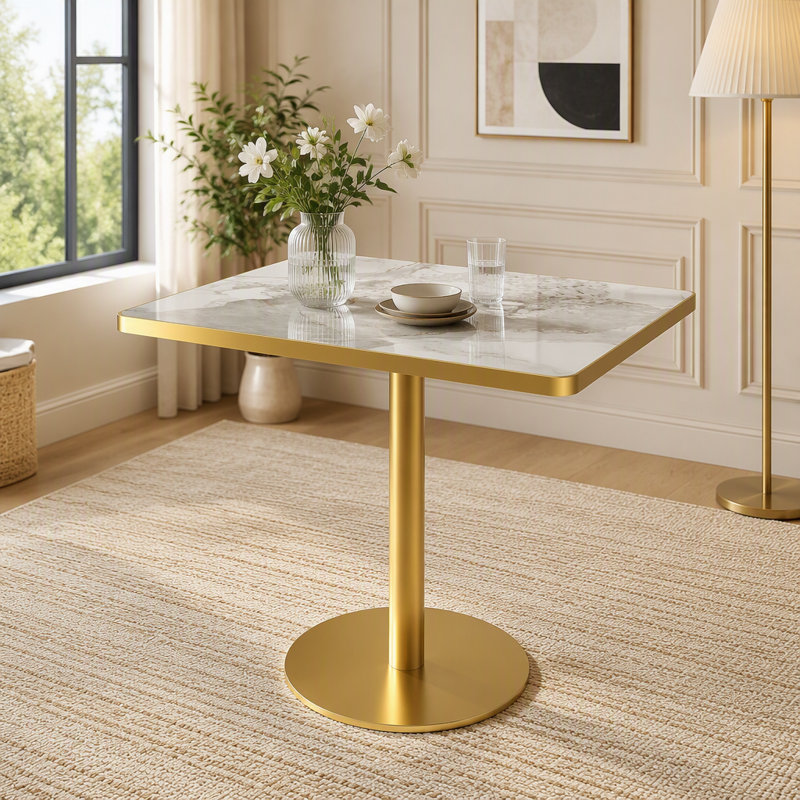 Table de salle à manger carrée tulipe moderne avec plateau en pierre frittée, Brown/Gold, Carré + pierre frittée PDL