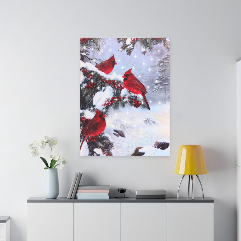 Art mural illuminé 24 po x 32 po «Light Up Cardinal And Berries»