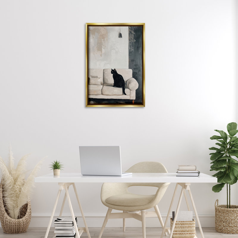 Chat noir sur canapé, art mural sur toile flottante, design par LSR Creative Studio, H 31 po x l 21 po