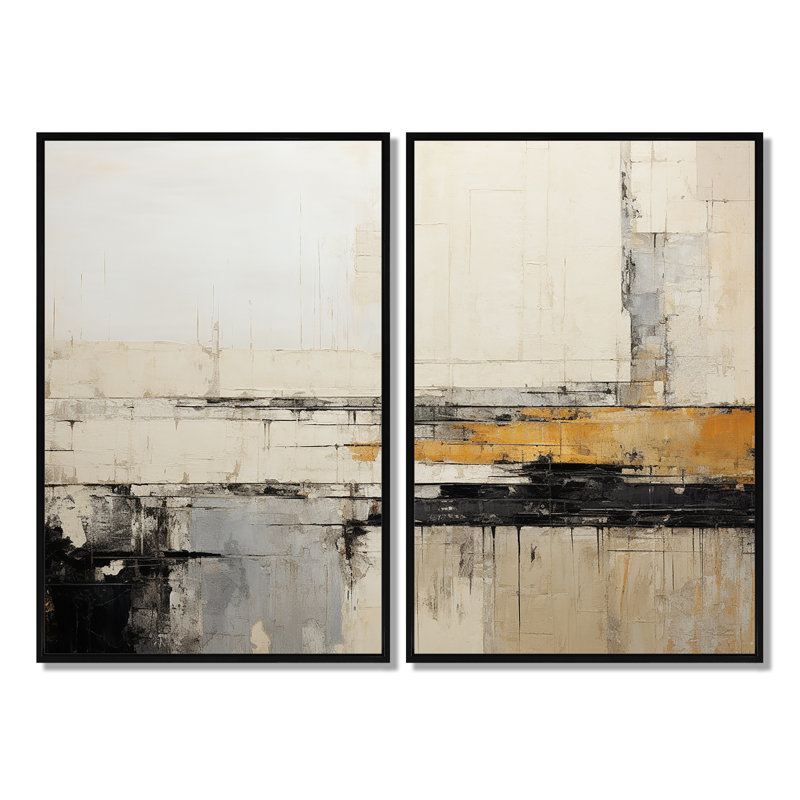 Abstrait noir et beige, collage sur route - art mural moderne beige, 36" H x 48" W, Impression encadrée flottante, Black
