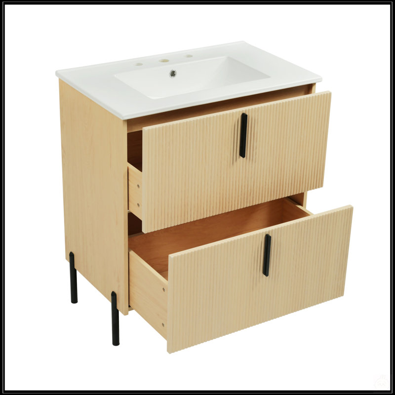 Meuble-lavabo de 30 pouces avec lavabo en céramique, tiroirs pleine extension, glissières à fermeture en douceur, conception cannelée