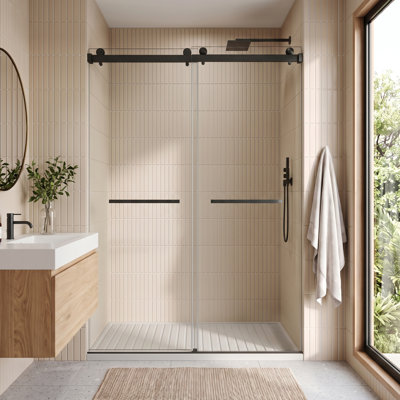 Porte de douche coulissante double sans cadre, verre trempé de 10 mm (3/8 po) avec pellicule anti-éclats, roulettes silencieuses en acier inoxydable