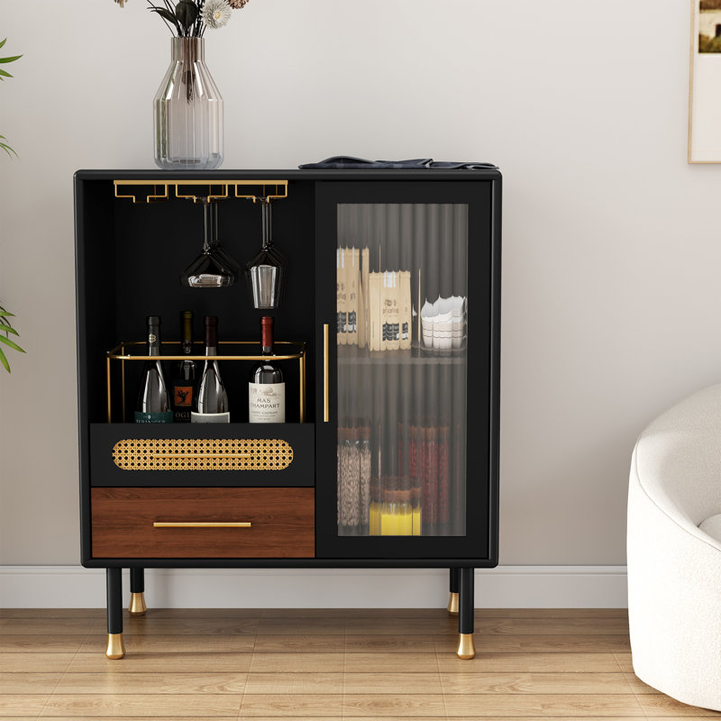 31.5" W Modern Liquor Cabinet with Wine Glass Rack and Storage Drawer, Black